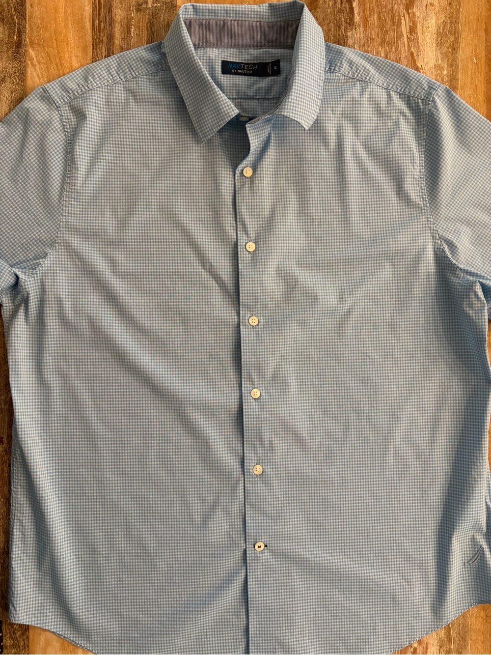Nautica Nav Tech Button Down Dress Shirt XL Light Blue Micro-Check Short Sleeve‎